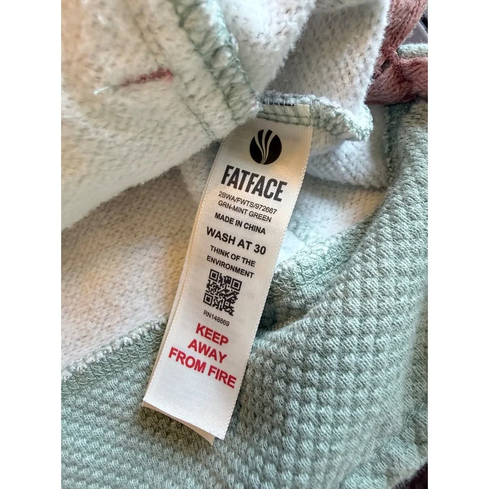 FatFace The Airlie Sweatshirt Women 6 Mint Green Floral Waffle Knit Quarter Zip